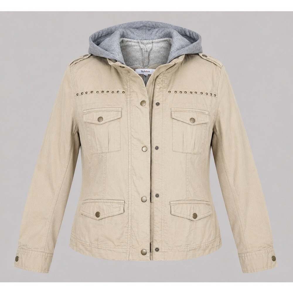 Vintage‎ Style & Co Hooded Utility Jacket Beige Military Cargo Womens Large Y2K